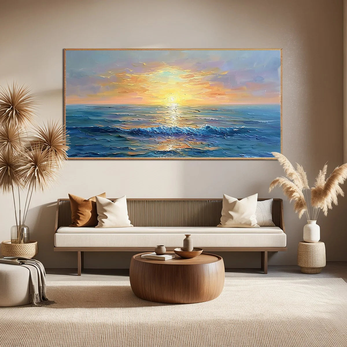 GOLDEN HORIZON: Panoramic Coastal Sunset Oil Painting | Abstract closeup, raised brushwork detail
