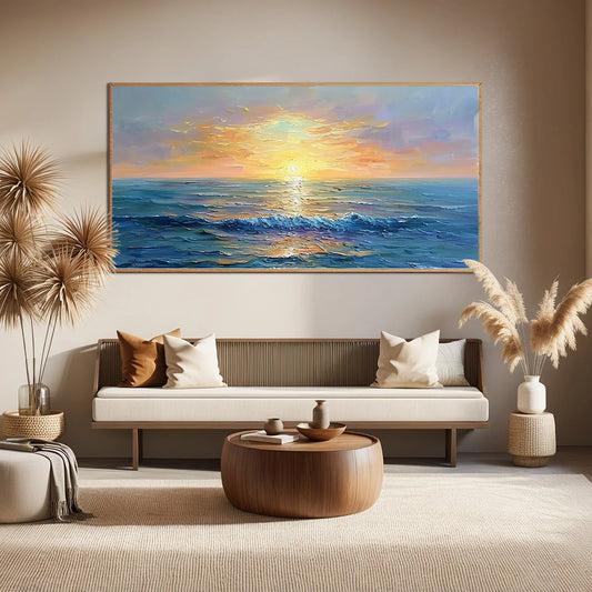 GOLDEN HORIZON: Panoramic Coastal Sunset Oil Painting