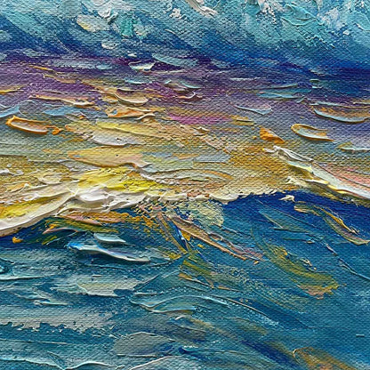 GOLDEN HORIZON: Panoramic Coastal Sunset Oil Painting | rectangular format, hand-painted canvas edge