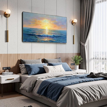 GOLDEN HORIZON: Panoramic Coastal Sunset Oil Painting | gold frame stretched on neutral wall