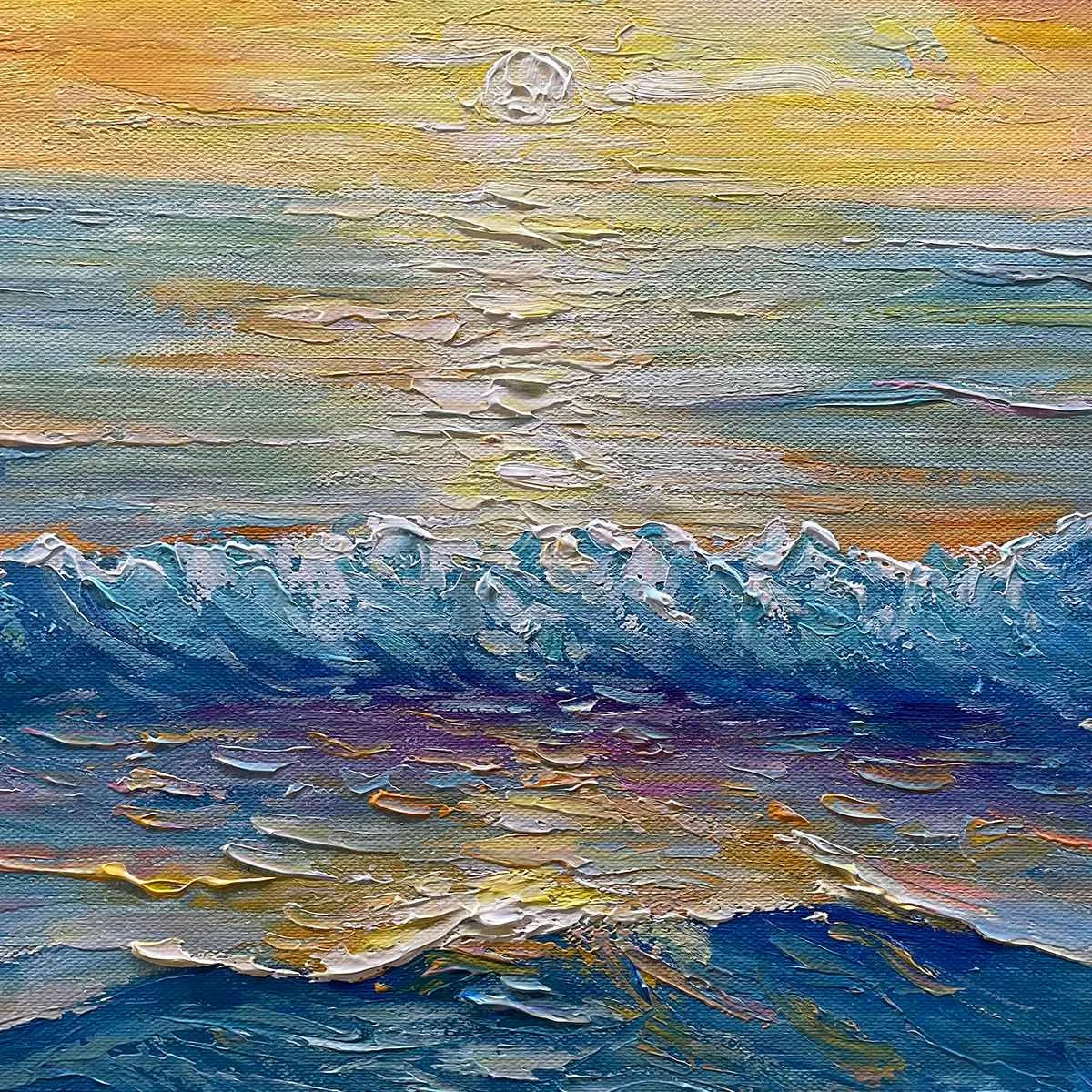 GOLDEN HORIZON: Panoramic Coastal Sunset Oil Painting | rolled canvas, ready for custom framing