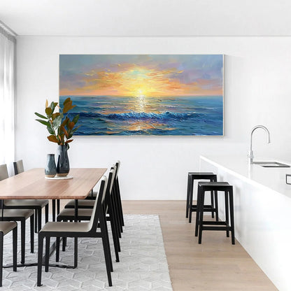 GOLDEN HORIZON: Panoramic Coastal Sunset Oil Painting | black frame version on white wall
