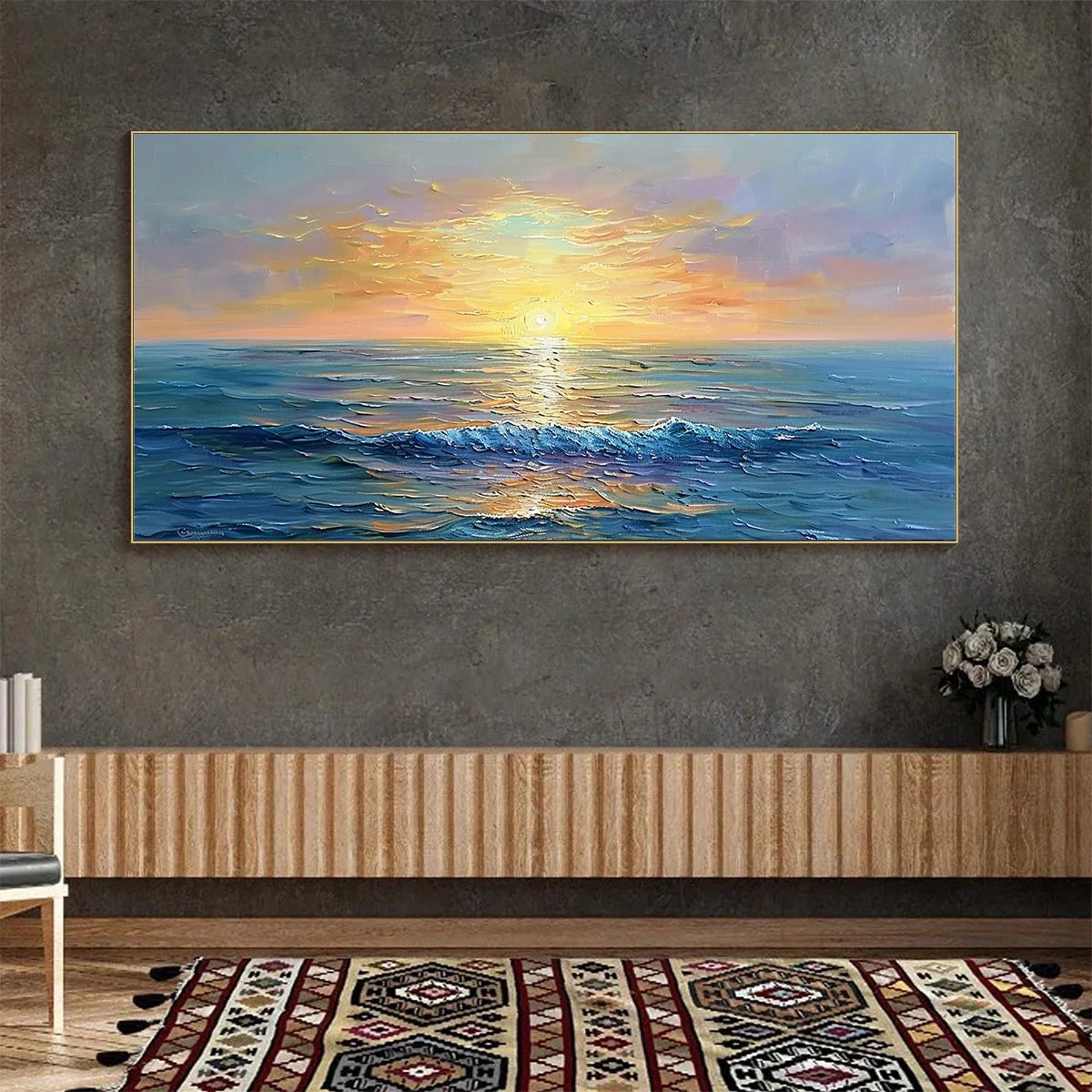 GOLDEN HORIZON: Panoramic Coastal Sunset Oil Painting | Abstract mood, soft natural light studio shot