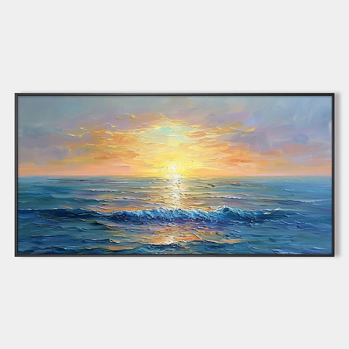 GOLDEN HORIZON: Panoramic Coastal Sunset Oil Painting | hanging in living room, Abstract wall art