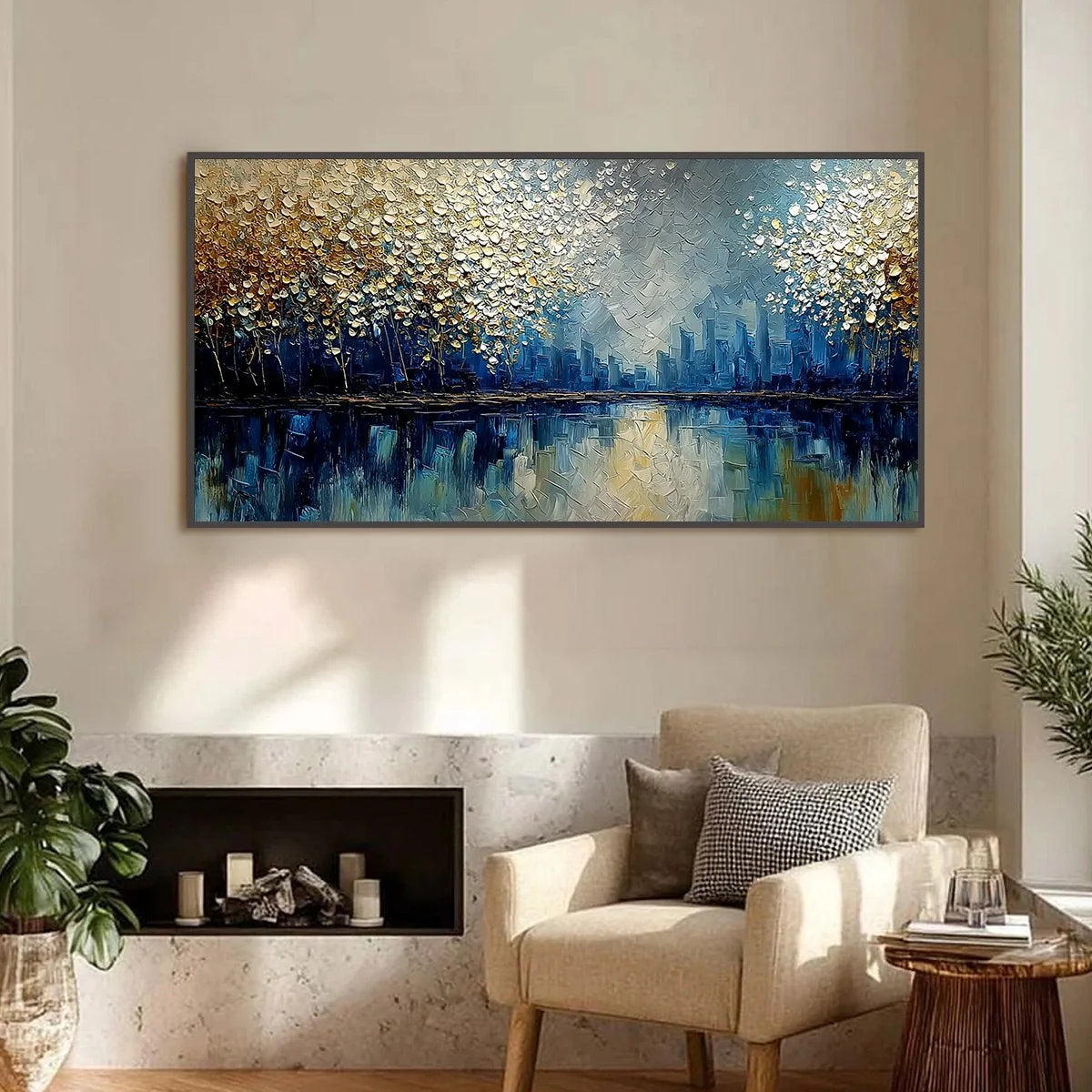 GOLDEN HORIZON: Textured Abstract Cityscape Painting with Golden Hues | Abstract closeup, raised brushwork detail