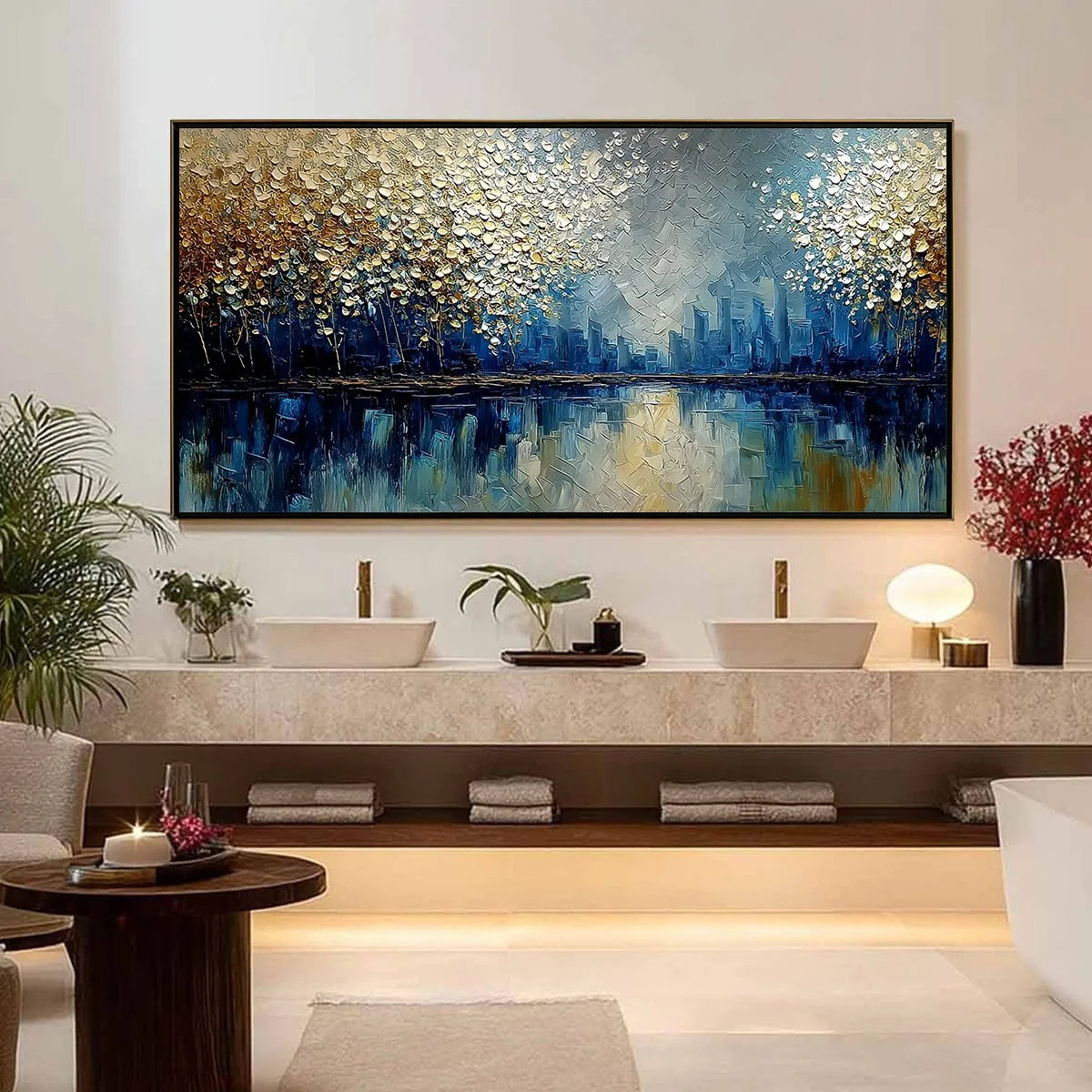 GOLDEN HORIZON: Textured Abstract Cityscape Painting with Golden Hues | gold frame stretched on neutral wall