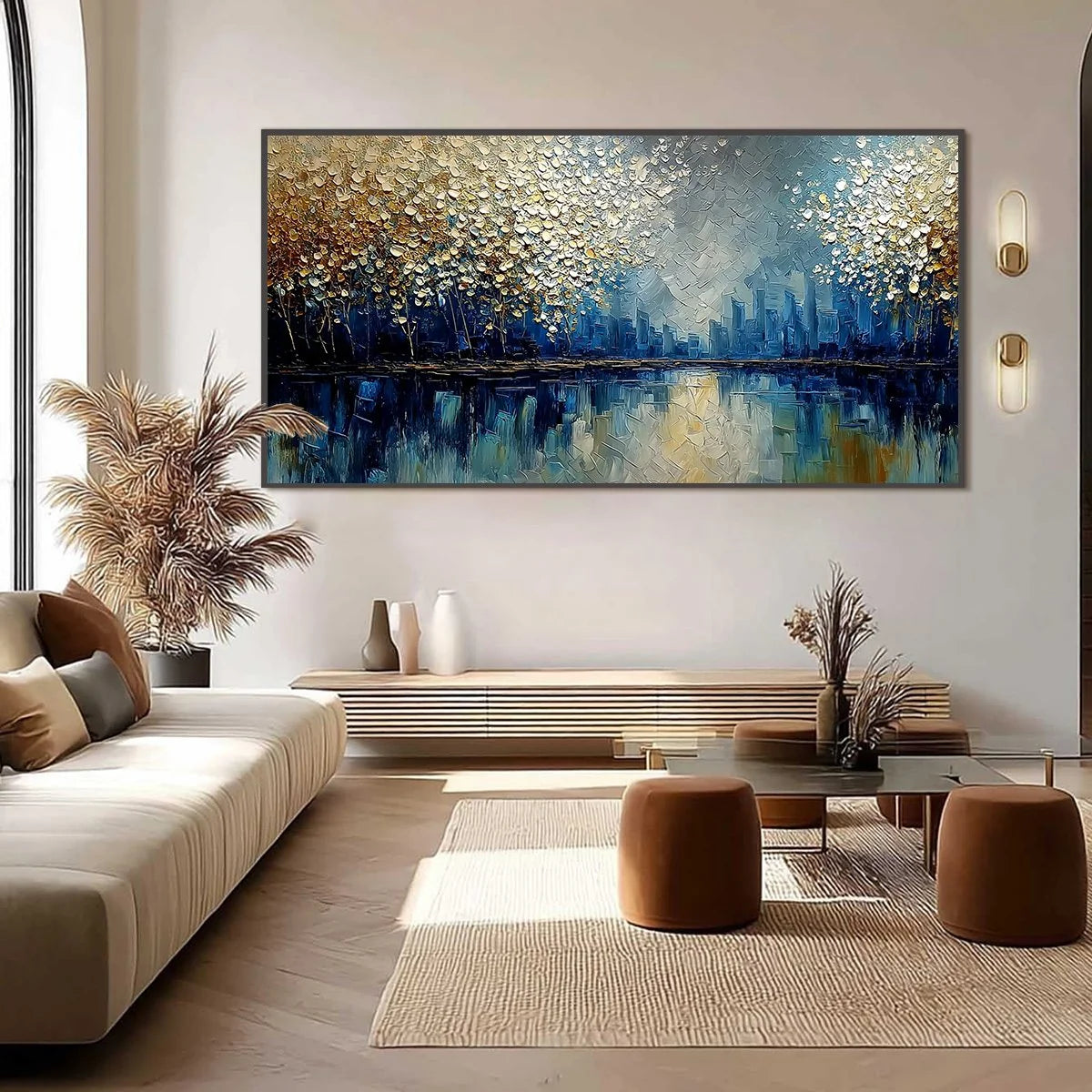 GOLDEN HORIZON: Textured Abstract Cityscape Painting with Golden Hues | black frame version on white wall