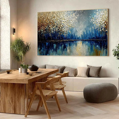GOLDEN HORIZON: Textured Abstract Cityscape Painting with Golden Hues | Abstract mood, soft natural light studio shot