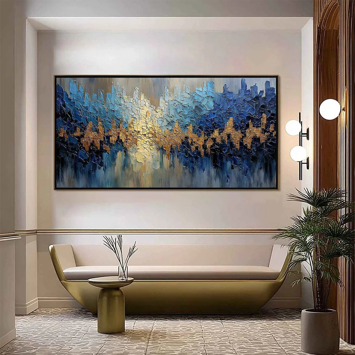 GOLDEN HORIZON: Textured Abstract Cityscape Palette Knife Art | textured palette knife closeup, raised brushwork detail