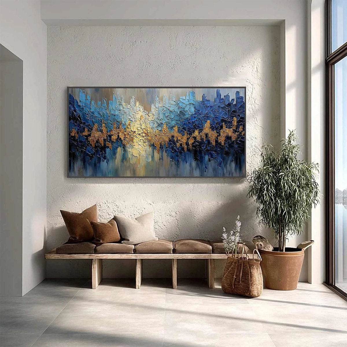 GOLDEN HORIZON: Textured Abstract Cityscape Palette Knife Art | gold frame stretched on neutral wall