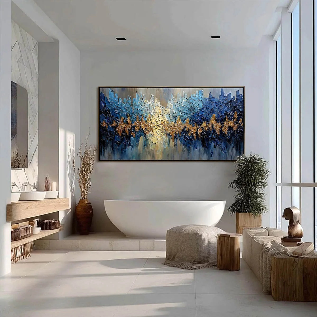GOLDEN HORIZON: Textured Abstract Cityscape Palette Knife Art | black frame version on white wall