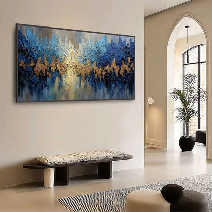 GOLDEN HORIZON: Textured Abstract Cityscape Palette Knife Art | textured palette knife mood, soft natural light studio shot