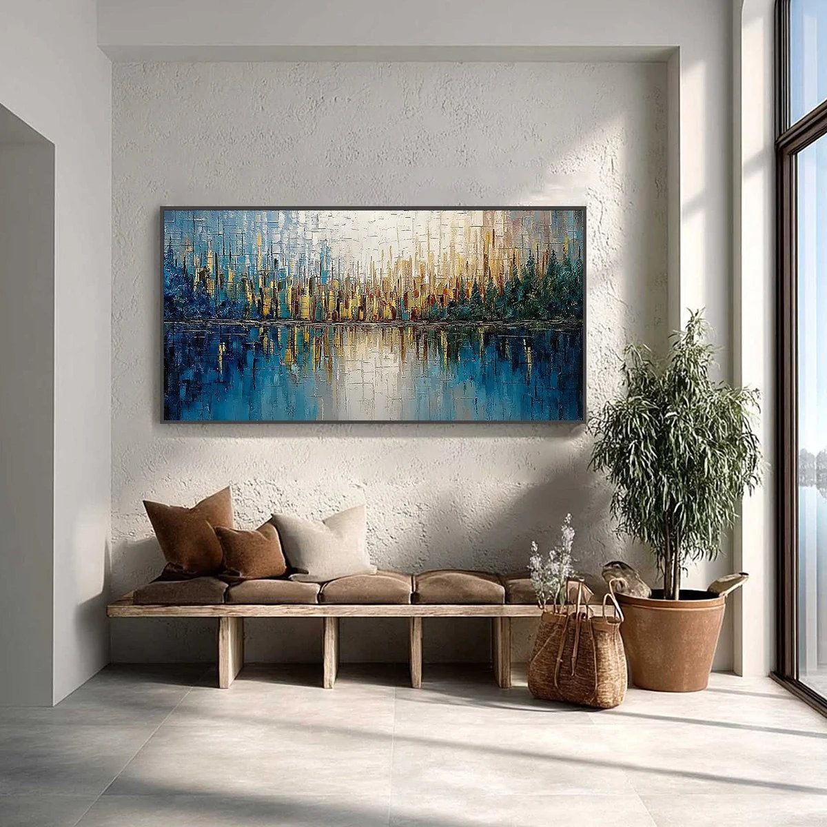 GOLDEN HORIZON: Textured Abstract Cityscape Reflection Oil Painting | Abstract closeup, raised brushwork detail