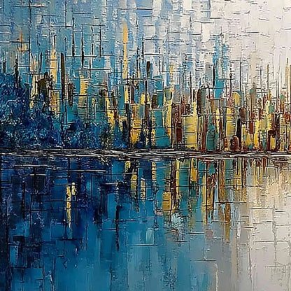 GOLDEN HORIZON: Textured Abstract Cityscape Reflection Oil Painting | rectangular format, hand-painted canvas edge