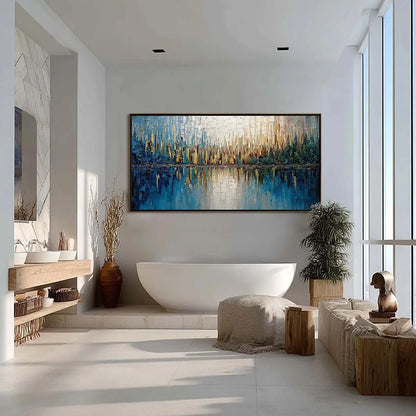 GOLDEN HORIZON: Textured Abstract Cityscape Reflection Oil Painting | gold frame stretched on neutral wall
