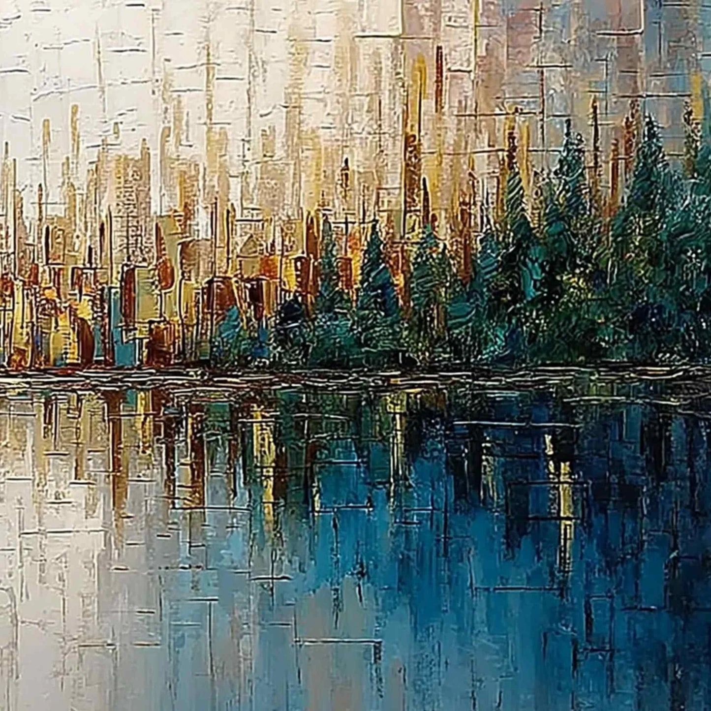 GOLDEN HORIZON: Textured Abstract Cityscape Reflection Oil Painting | rolled canvas, ready for custom framing