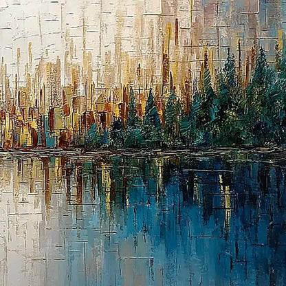 GOLDEN HORIZON: Textured Abstract Cityscape Reflection Oil Painting | rolled canvas, ready for custom framing