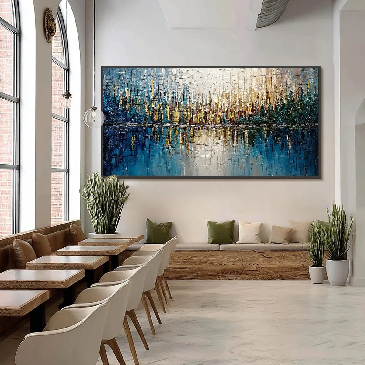 GOLDEN HORIZON: Textured Abstract Cityscape Reflection Oil Painting | black frame version on white wall