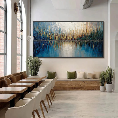 GOLDEN HORIZON: Textured Abstract Cityscape Reflection Oil Painting | black frame version on white wall