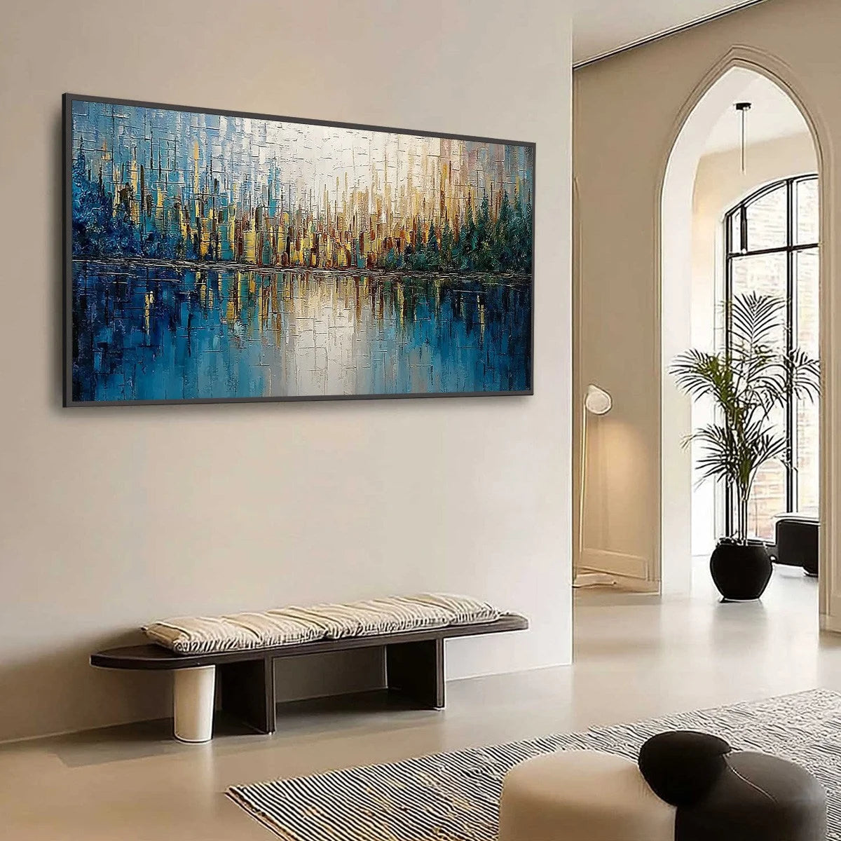 GOLDEN HORIZON: Textured Abstract Cityscape Reflection Oil Painting | Abstract mood, soft natural light studio shot