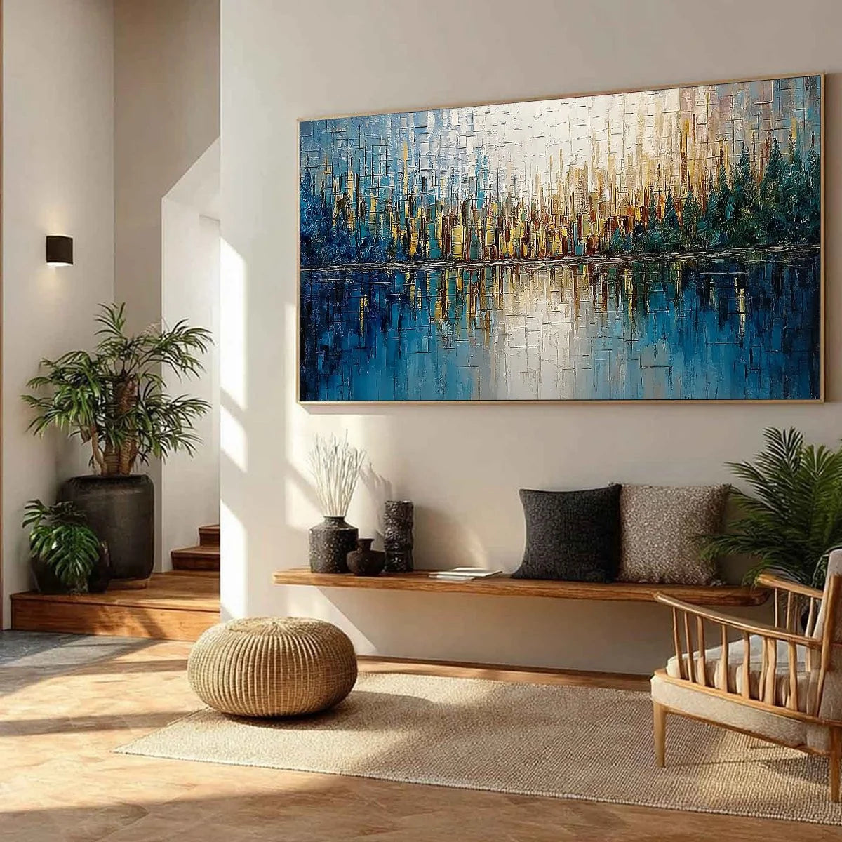 GOLDEN HORIZON: Textured Abstract Cityscape Reflection Oil Painting | yellow palette, original oil on stretched canvas art