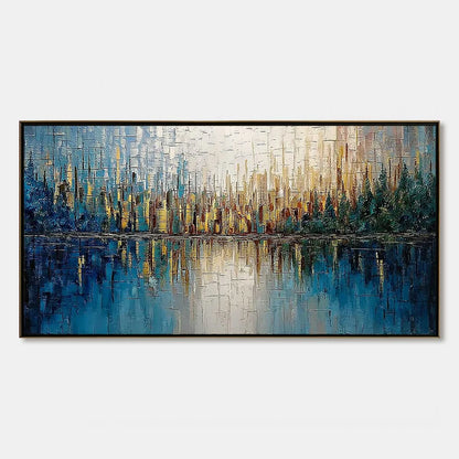 GOLDEN HORIZON: Textured Abstract Cityscape Reflection Oil Painting | hanging in living room, Abstract wall art