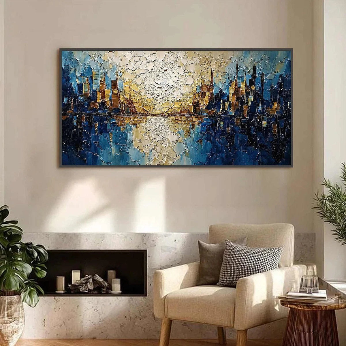 GOLDEN HORIZON: Textured Impasto Cityscape Reflection Oil Painting | Abstract closeup, raised brushwork detail