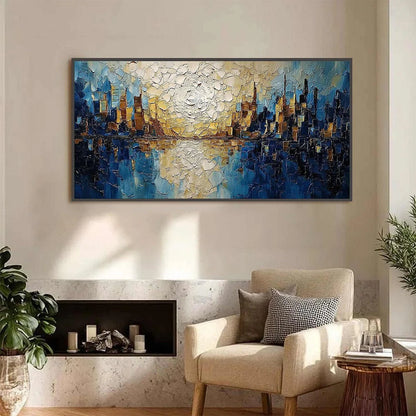 GOLDEN HORIZON: Textured Impasto Cityscape Reflection Oil Painting | Abstract closeup, raised brushwork detail