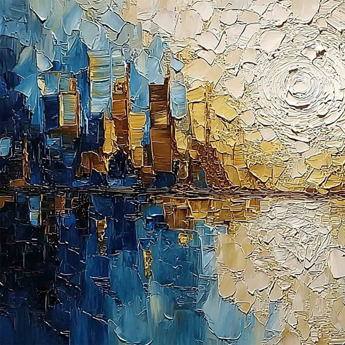 GOLDEN HORIZON: Textured Impasto Cityscape Reflection Oil Painting | rectangular format, hand-painted canvas edge