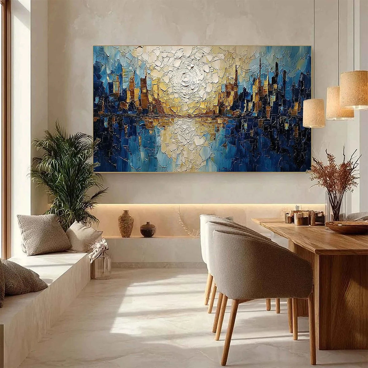 GOLDEN HORIZON: Textured Impasto Cityscape Reflection Oil Painting | gold frame stretched on neutral wall