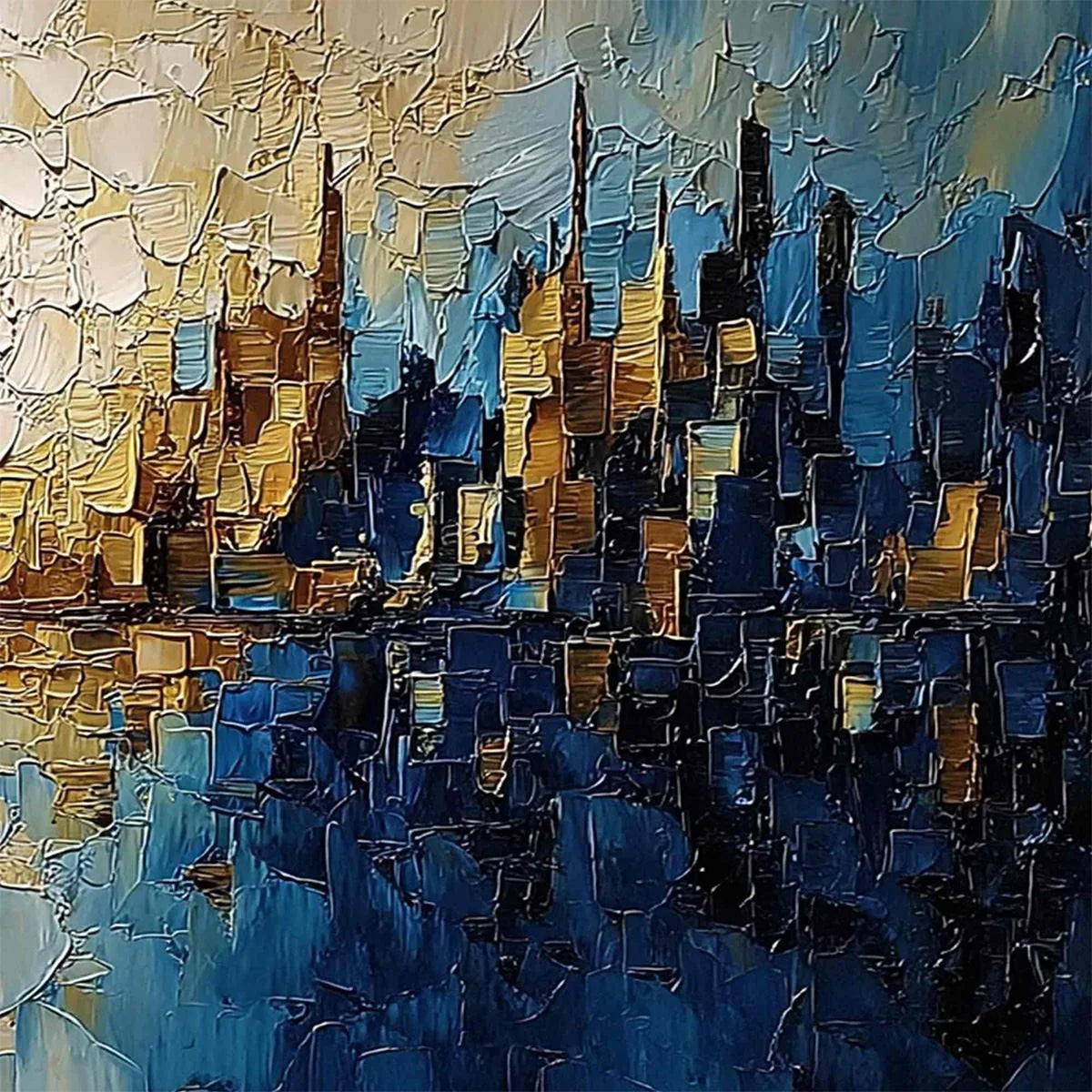 GOLDEN HORIZON: Textured Impasto Cityscape Reflection Oil Painting | rolled canvas, ready for custom framing