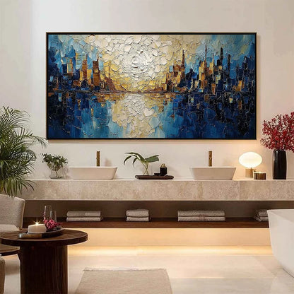 GOLDEN HORIZON: Textured Impasto Cityscape Reflection Oil Painting | black frame version on white wall