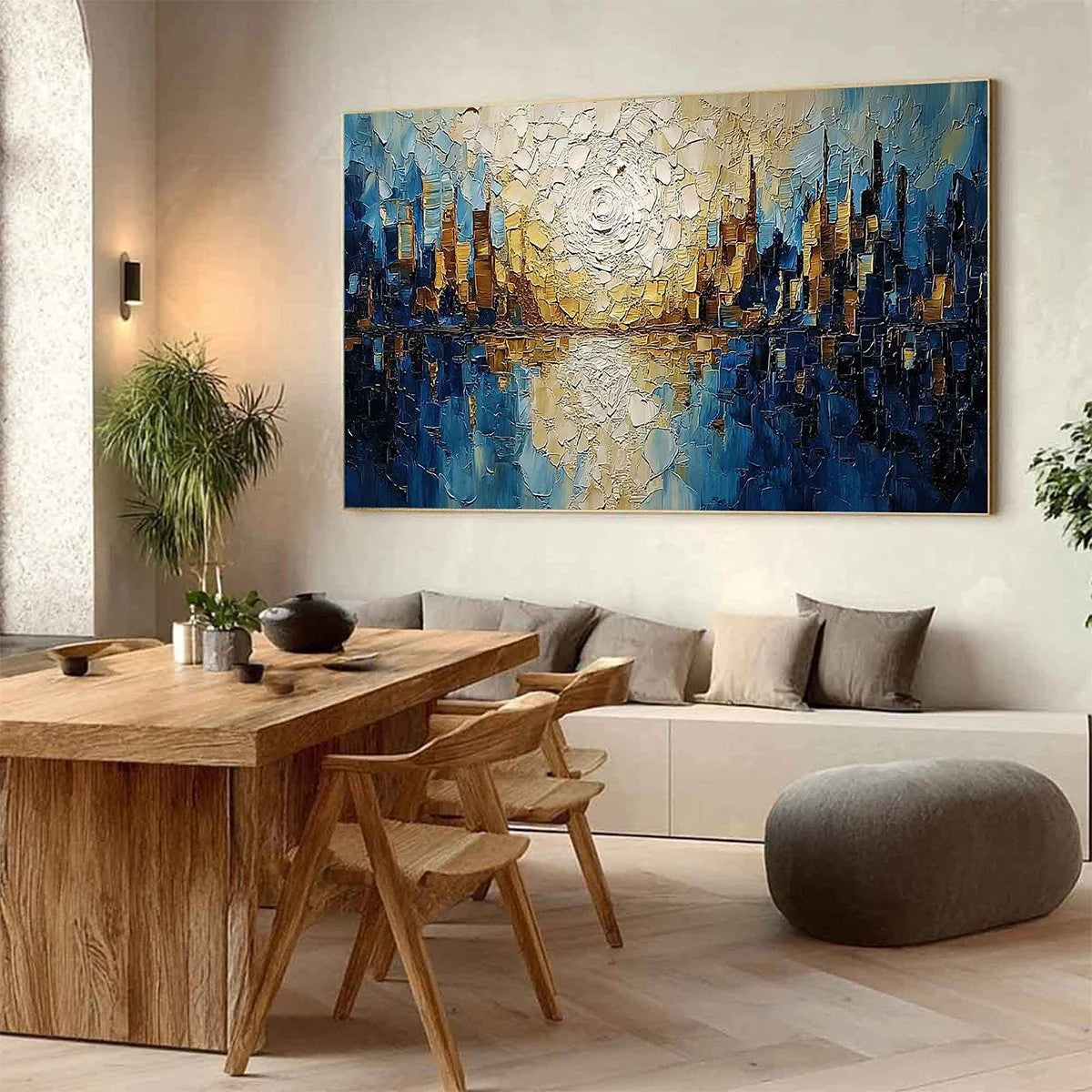 GOLDEN HORIZON: Textured Impasto Cityscape Reflection Oil Painting | Abstract mood, soft natural light studio shot