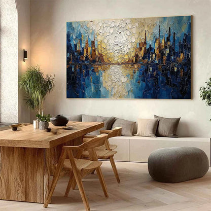 GOLDEN HORIZON: Textured Impasto Cityscape Reflection Oil Painting | Abstract mood, soft natural light studio shot