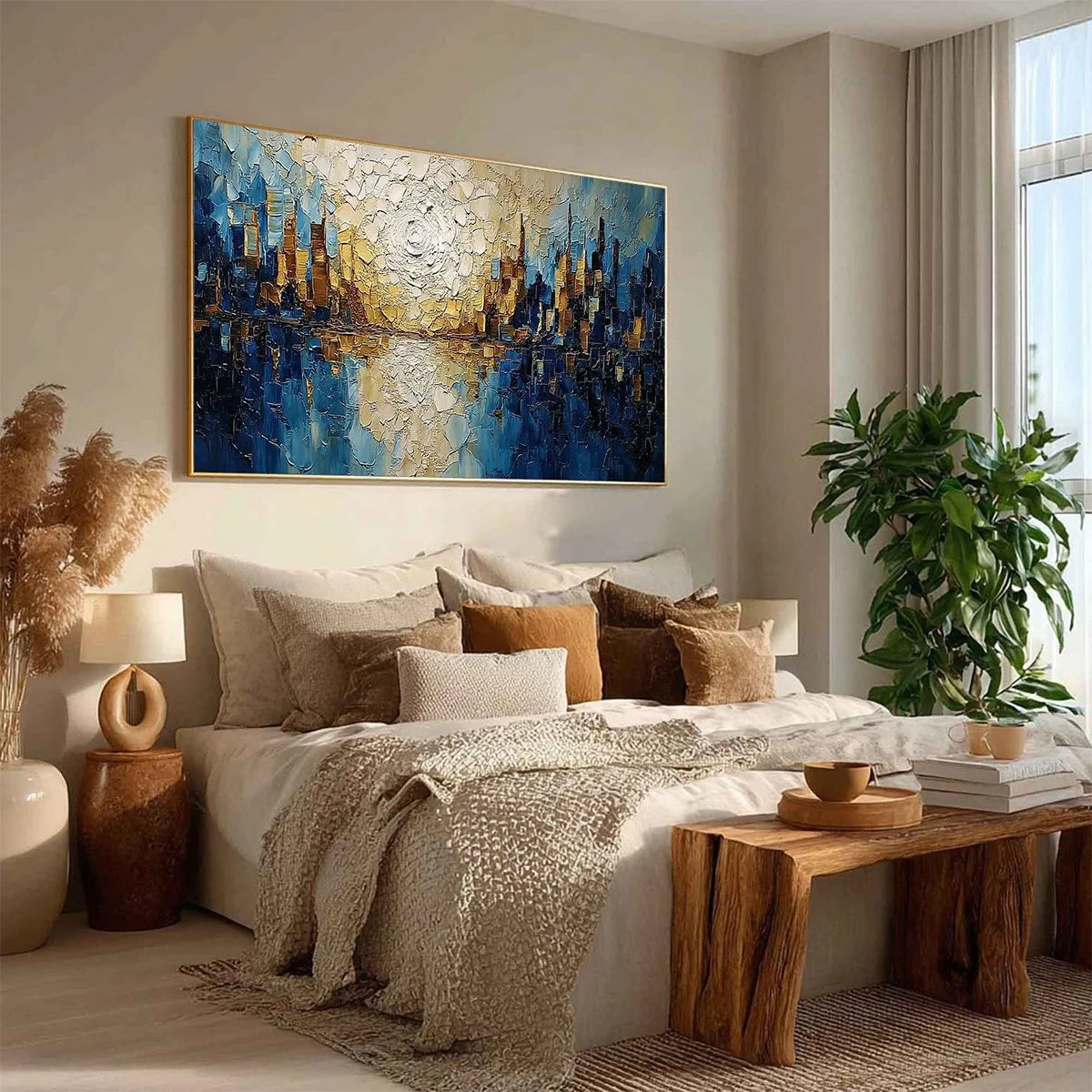 GOLDEN HORIZON: Textured Impasto Cityscape Reflection Oil Painting | yellow palette, original oil on stretched canvas art