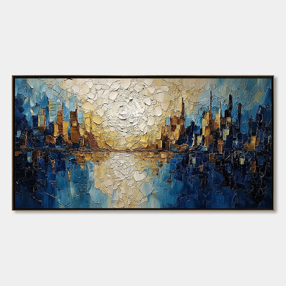 GOLDEN HORIZON: Textured Impasto Cityscape Reflection Oil Painting | hanging in living room, Abstract wall art