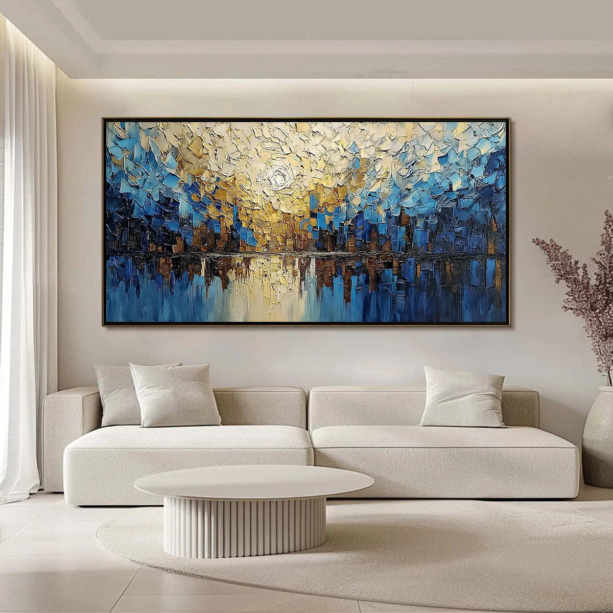 GOLDEN HORIZON: Textured Impasto Cityscape Reflection Painting | Abstract closeup, raised brushwork detail