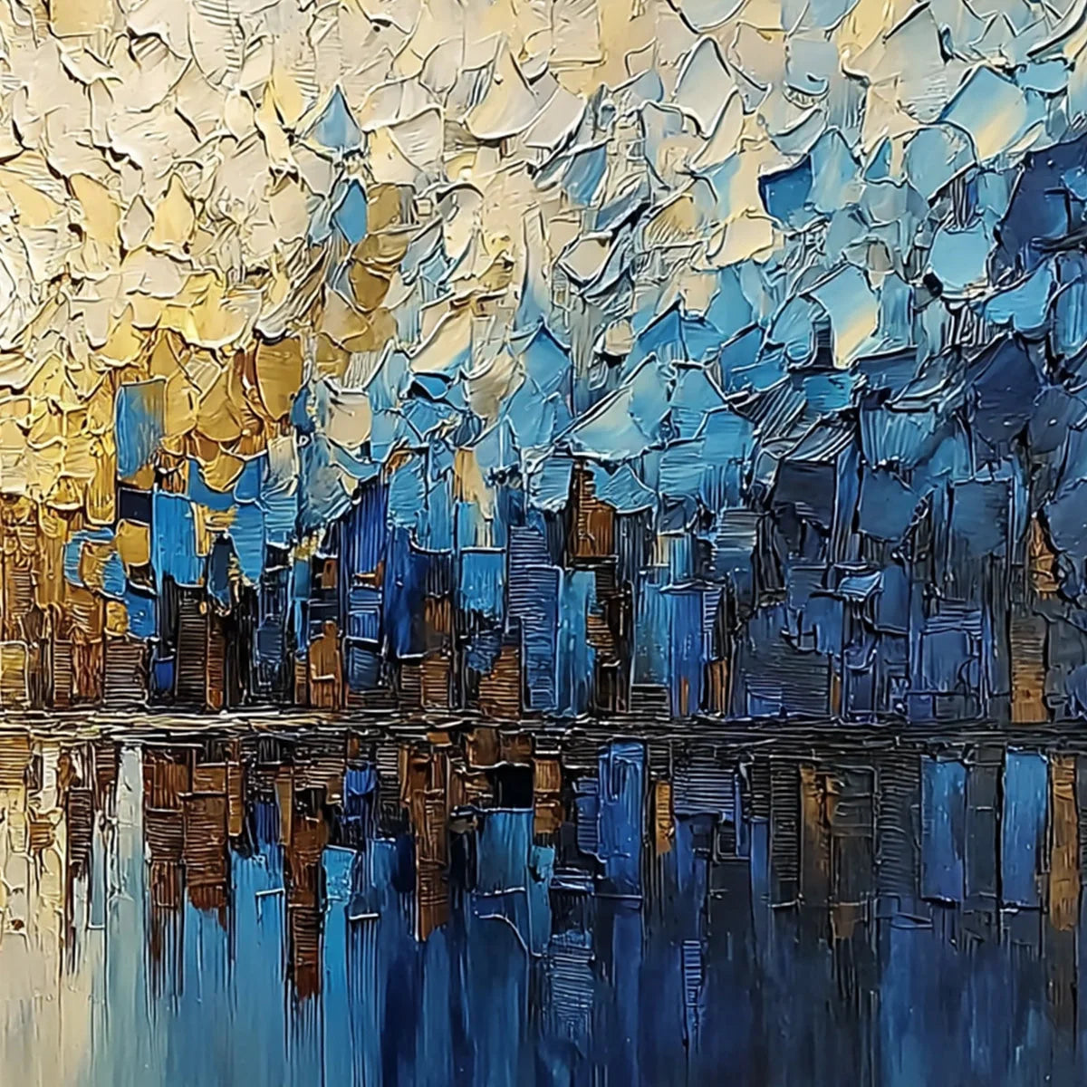 GOLDEN HORIZON: Textured Impasto Cityscape Reflection Painting | rectangular format, hand-painted canvas edge