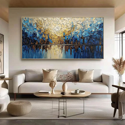 GOLDEN HORIZON: Textured Impasto Cityscape Reflection Painting | gold frame stretched on neutral wall