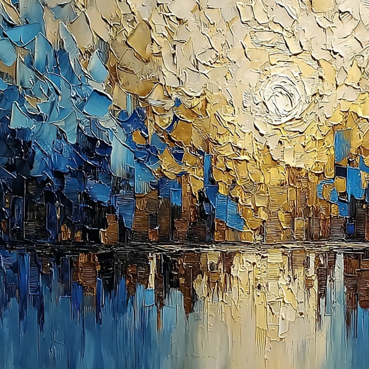 GOLDEN HORIZON: Textured Impasto Cityscape Reflection Painting | rolled canvas, ready for custom framing