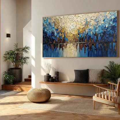 GOLDEN HORIZON: Textured Impasto Cityscape Reflection Painting | black frame version on white wall