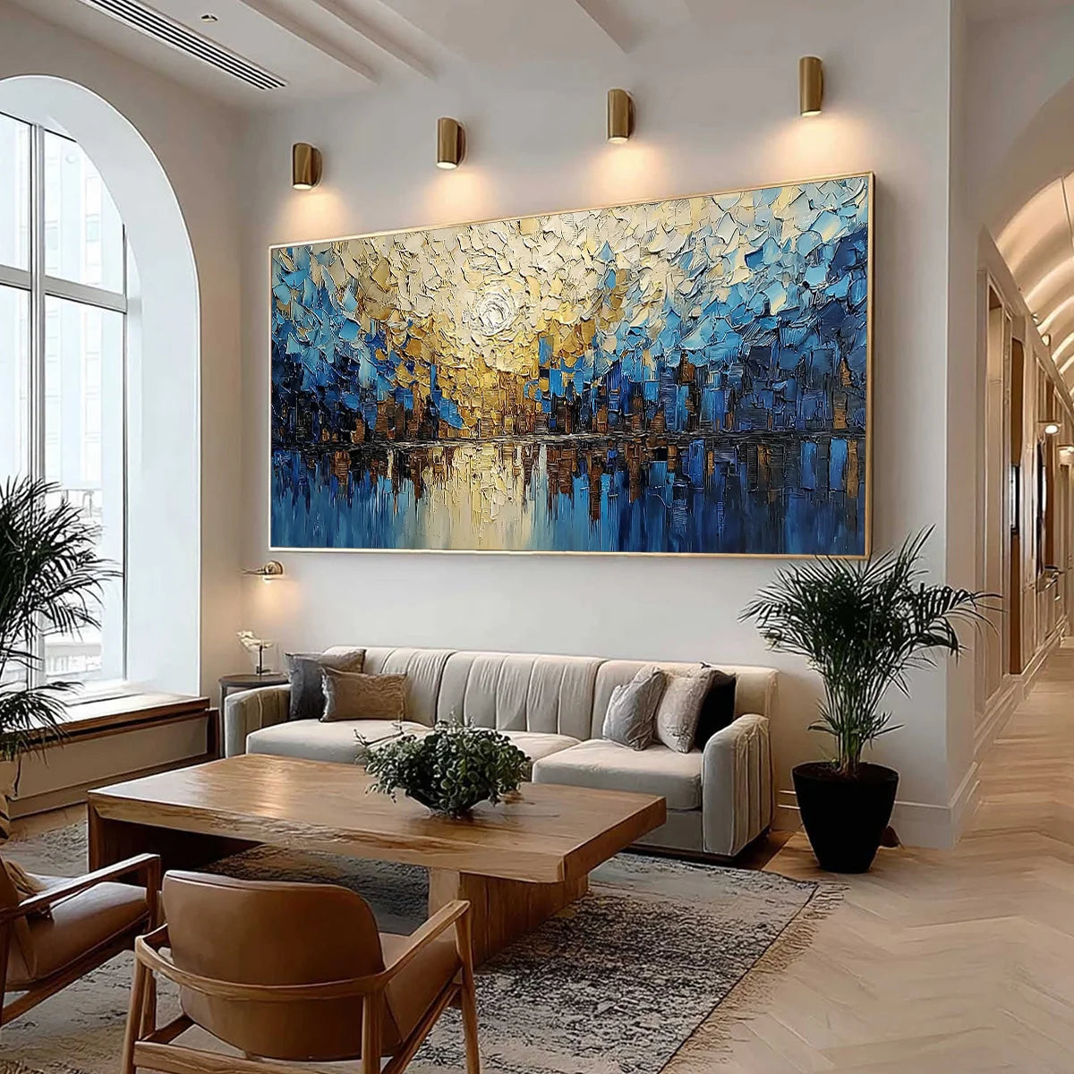 GOLDEN HORIZON: Textured Impasto Cityscape Reflection Painting | Abstract mood, soft natural light studio shot