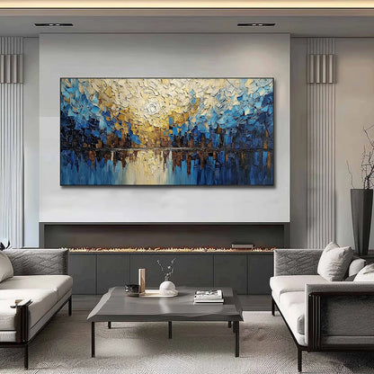 GOLDEN HORIZON: Textured Impasto Cityscape Reflection Painting | yellow palette, original oil on stretched canvas art