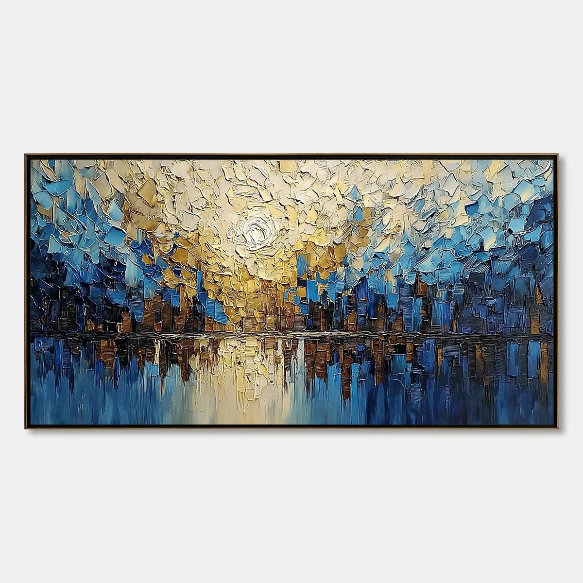 GOLDEN HORIZON: Textured Impasto Cityscape Reflection Painting | hanging in living room, Abstract wall art