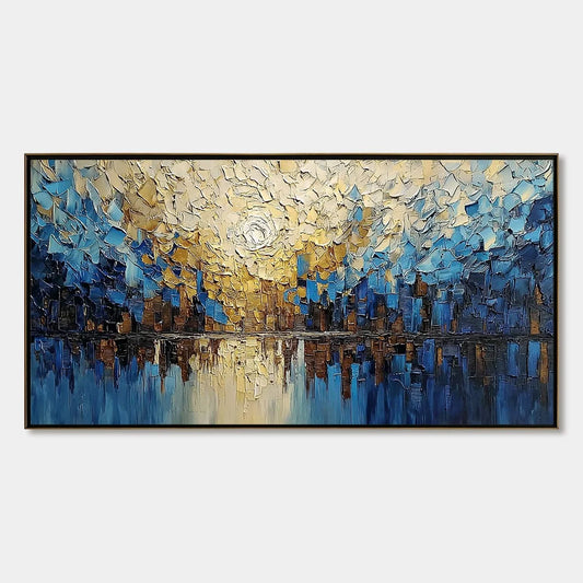 GOLDEN HORIZON: Textured Impasto Cityscape Reflection Painting | hanging in living room, Abstract wall art