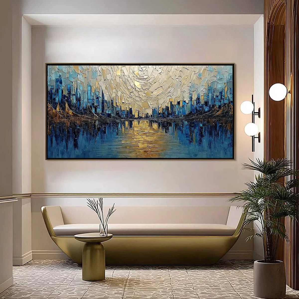 GOLDEN HORIZON: Textured Palette Knife Cityscape Reflection Painting | Abstract closeup, raised brushwork detail