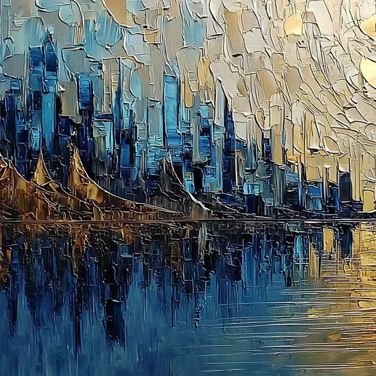 GOLDEN HORIZON: Textured Palette Knife Cityscape Reflection Painting | rectangular format, hand-painted canvas edge