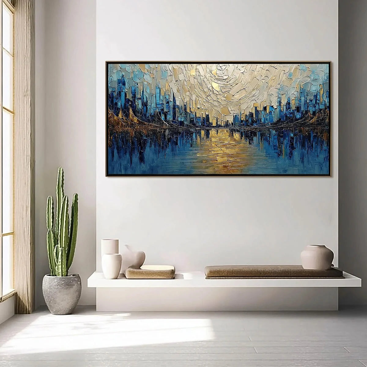 GOLDEN HORIZON: Textured Palette Knife Cityscape Reflection Painting | gold frame stretched on neutral wall