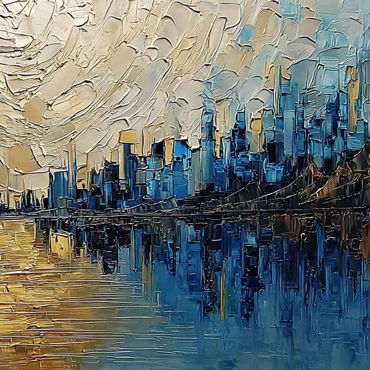 GOLDEN HORIZON: Textured Palette Knife Cityscape Reflection Painting | rolled canvas, ready for custom framing