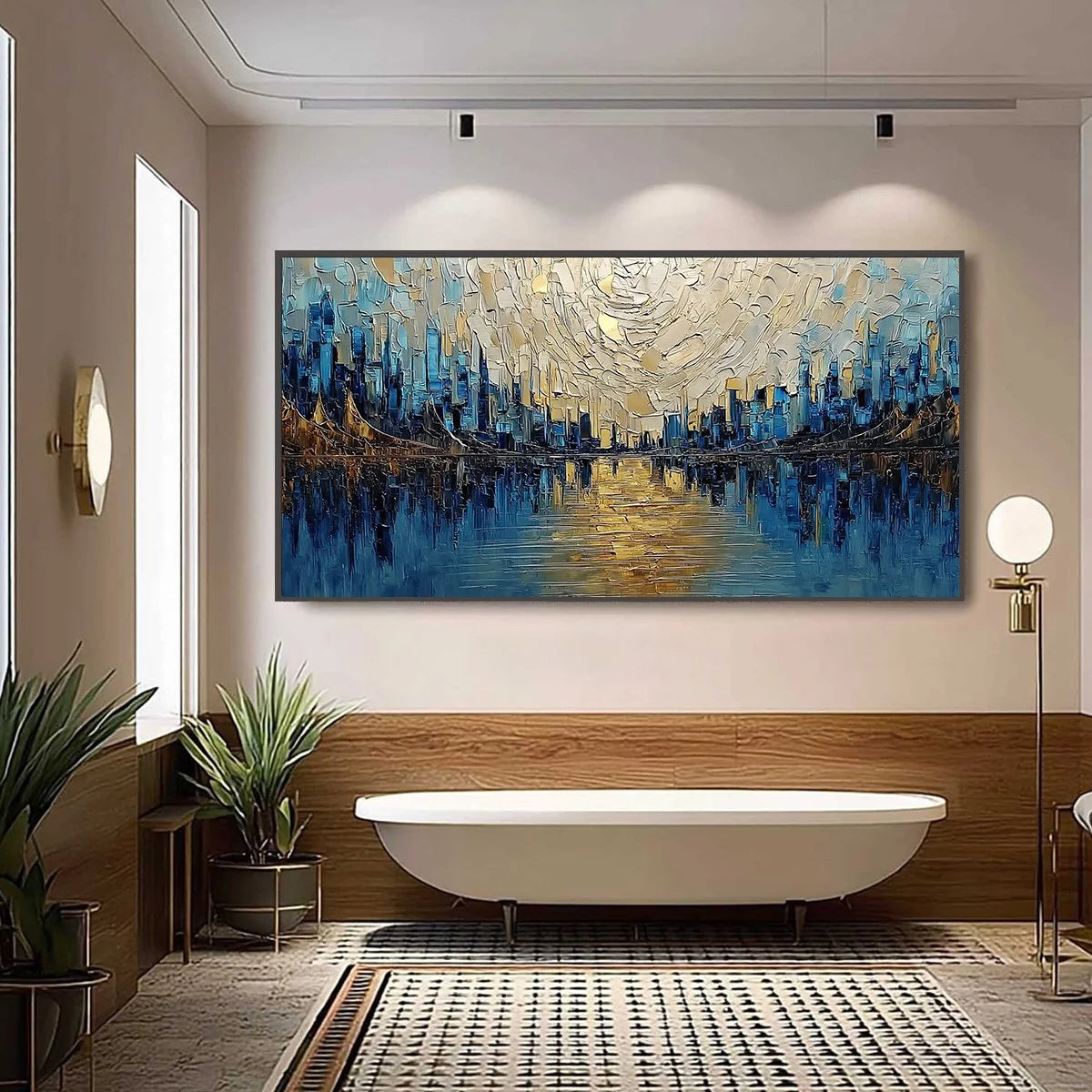 GOLDEN HORIZON: Textured Palette Knife Cityscape Reflection Painting | black frame version on white wall